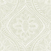 Scout Floral Ogee Wallpaper by York Wallcoverings features a beige and white pattern with a central floral motif, surrounded by curved lines and dotted textures that create symmetrical, abstract shapes in a tile-like arrangement.