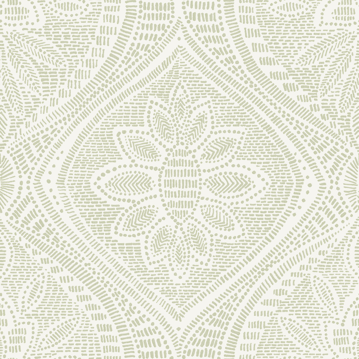 Scout Floral Ogee Wallpaper by York Wallcoverings features a beige and white pattern with a central floral motif, surrounded by curved lines and dotted textures that create symmetrical, abstract shapes in a tile-like arrangement.