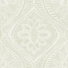 Scout Floral Ogee Wallpaper by York Wallcoverings features a beige and white pattern with a central floral motif, surrounded by curved lines and dotted textures that create symmetrical, abstract shapes in a tile-like arrangement.