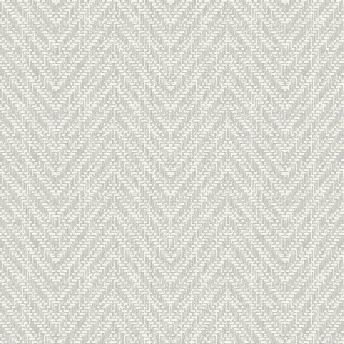 The Glynn Chevron Wallpaper by York Wallcoverings features a symmetrical and repetitive gray and white herringbone pattern with a woven, textured appearance that creates a striking zigzag effect across its surface.