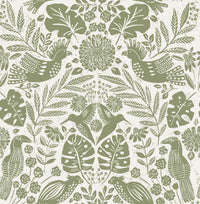 Nestle Blue Bird Block Print Wallpaper Wallpaper A-Street Prints Double Roll Green 