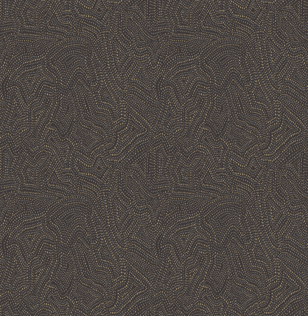 The Hollenback Dotted Abstract Wallpaper by York Wallcoverings features a dense pattern of small gold, white, and gray dots that form wavy, maze-like lines across a dark background, creating an abstract, textured look with repeating geometric shapes and intricate detail.