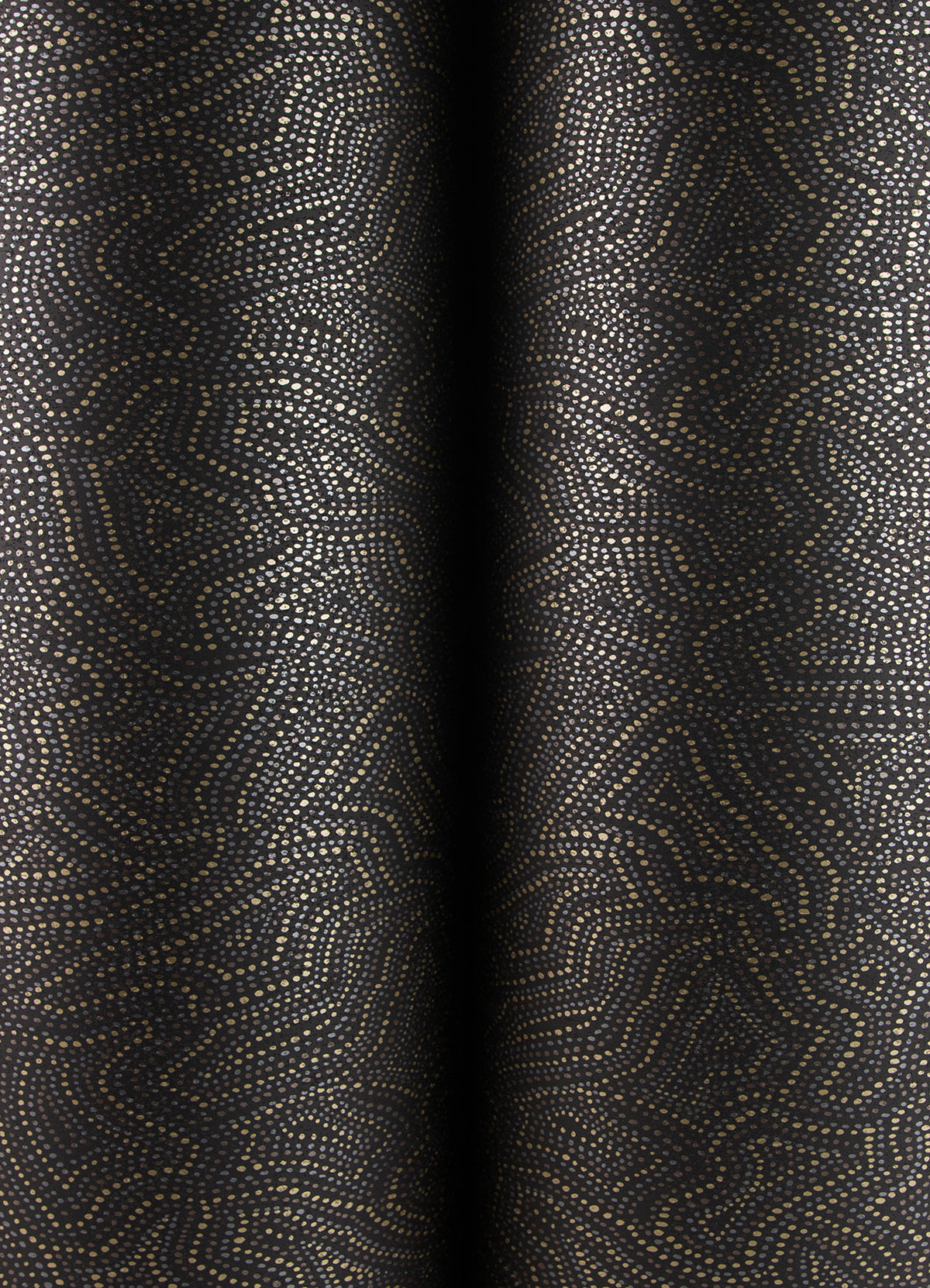 Hollenback Dotted Abstract Wallpaper by York Wallcoverings features a dark background adorned with an intricate pattern of small gold dots that create winding, maze-like lines and curves, giving the wallpaper a textured appearance. The design drapes in soft, vertical folds for an elegant effect.