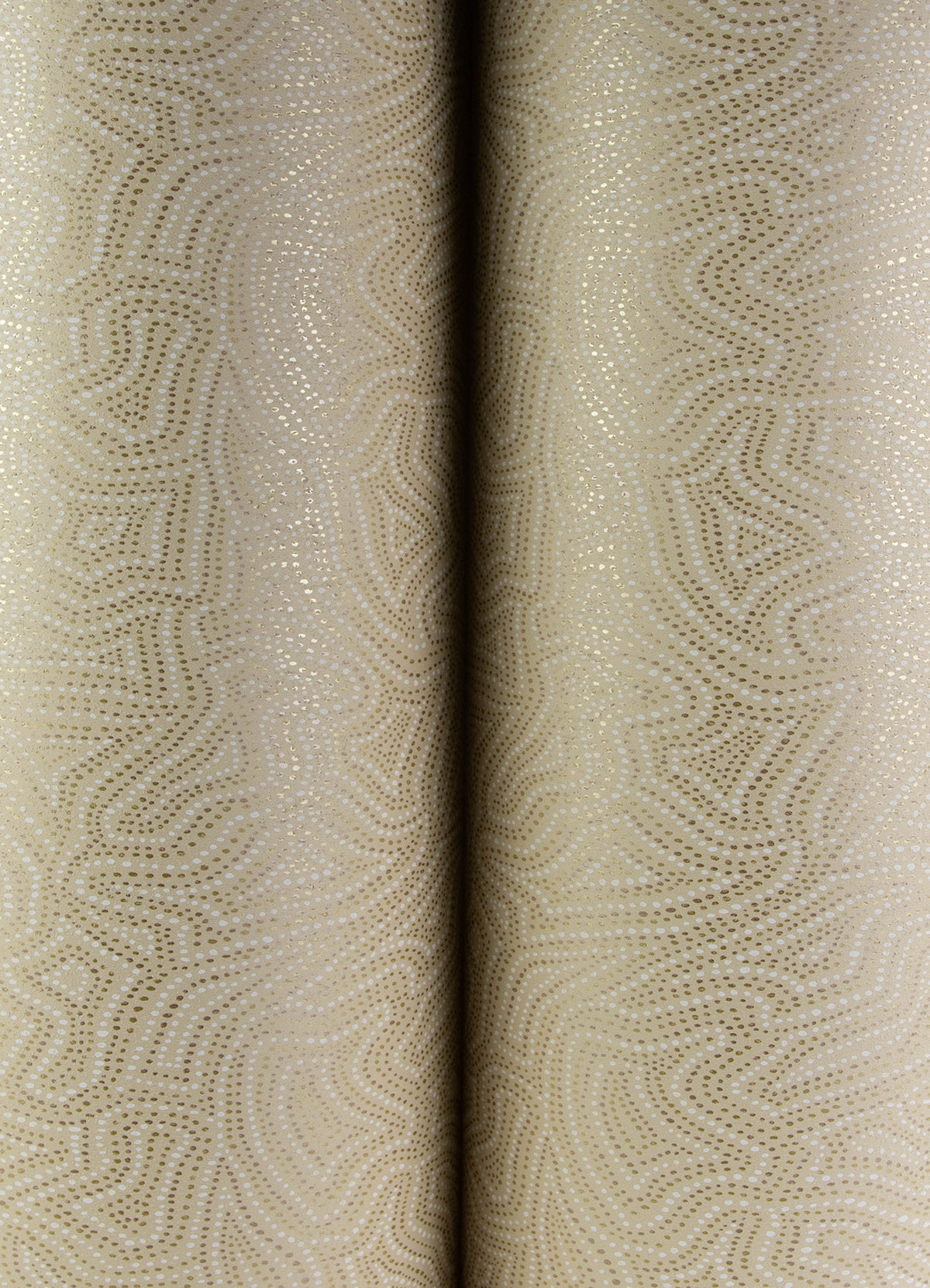 Close-up of the Hollenback Dotted Abstract Wallpaper by York Wallcoverings, featuring beige fabric with a wavy, abstract dotted pattern that creates a textured, symmetrical appearance where two panels meet at the center.