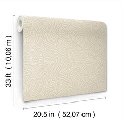 The Hollenback Dotted Abstract Wallpaper by York Wallcoverings is displayed vertically in a roll, featuring a beige color with a subtle dotted pattern. The dimensions are 33 ft (10.06 m) in length and 20.5 in (52.07 cm) in width.