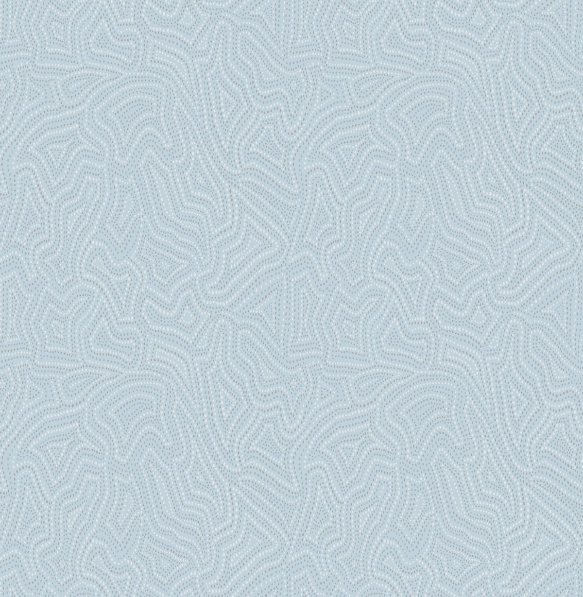 The Hollenback Dotted Abstract Wallpaper by York Wallcoverings features a light blue background adorned with an intricate, maze-like pattern of wavy, dotted lines that form abstract organic shapes. The symmetrical design creates a subtle textured effect, making it an ideal choice for wallpaper or fabric applications.