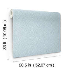 The Hollenback Dotted Abstract Wallpaper by York Wallcoverings is shown in light blue with a textured finish, featuring labeled dimensions of 33 feet (10.06 meters) in length and 20.5 inches (52.07 cm) in width.