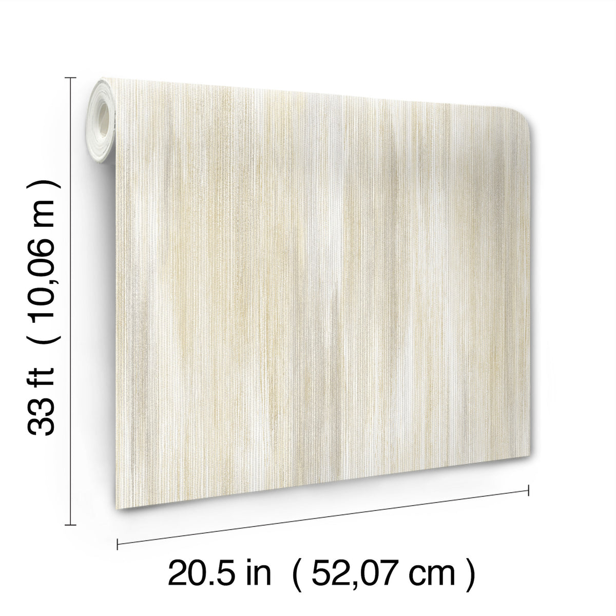 The Elysian Ikat Wallpaper by York Wallcoverings features a beige design with vertical stripes and comes in a roll measuring 33 feet (10.06 m) long and 20.5 inches (52.07 cm) wide.