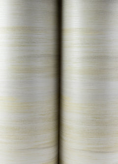 Close-up of two large rolls of Elysian Ikat Wallpaper by York Wallcoverings placed side by side, showing off-white textured material with fine horizontal lines and subtle shading variations.