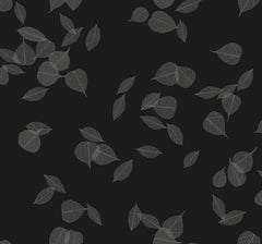 Myles Leaves Wallpaper featuring a pattern of translucent white leaf skeletons scattered across a black background.