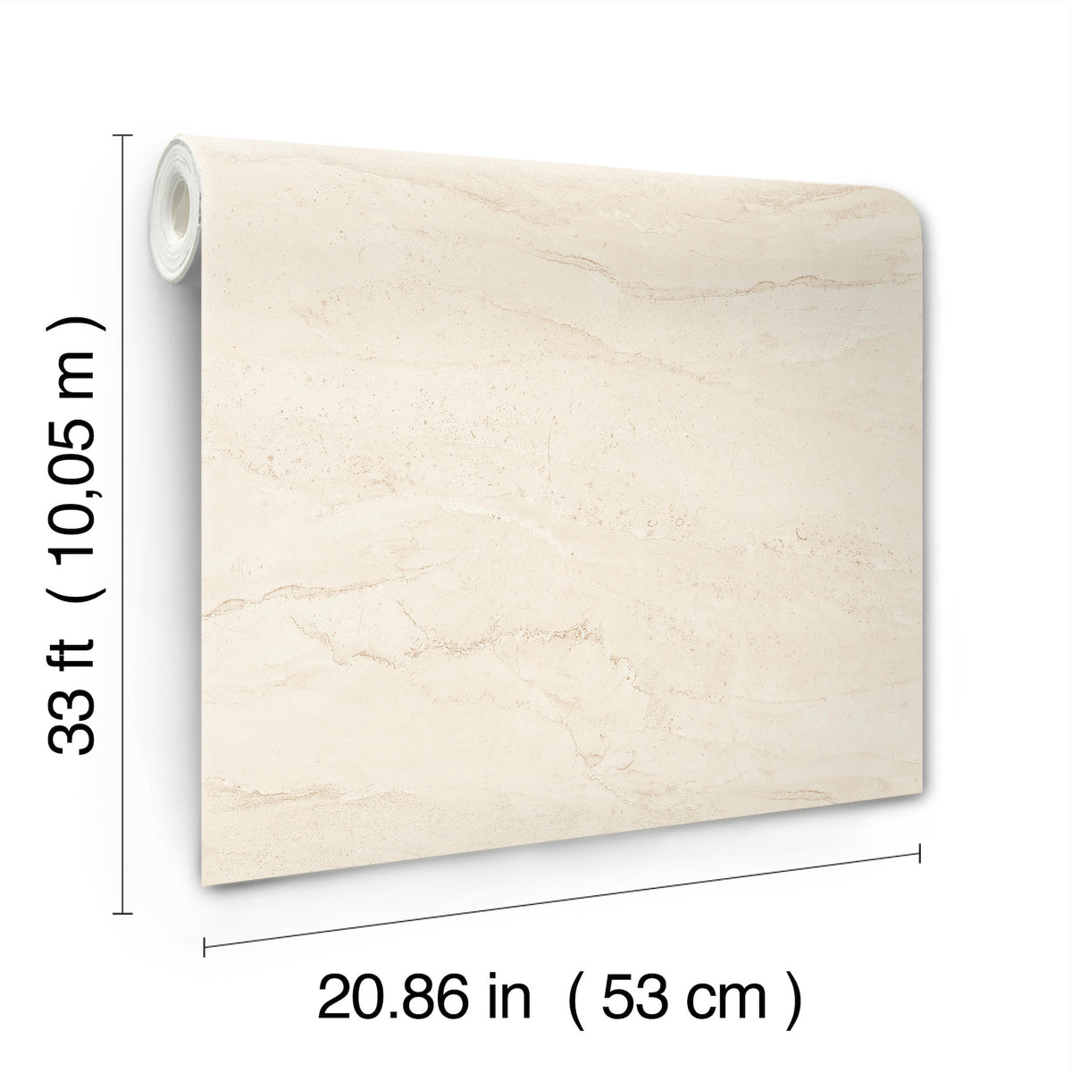 A partially unrolled roll of York Wallcoverings Chesapeake Morgana Stone Wallpaper in beige is shown, featuring a light marble-like texture. The wallpaper measures 33 ft (10.05 m) in length and 20.86 in (53 cm) in width.