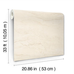 A partially unrolled roll of York Wallcoverings Chesapeake Morgana Stone Wallpaper in beige is shown, featuring a light marble-like texture. The wallpaper measures 33 ft (10.05 m) in length and 20.86 in (53 cm) in width.