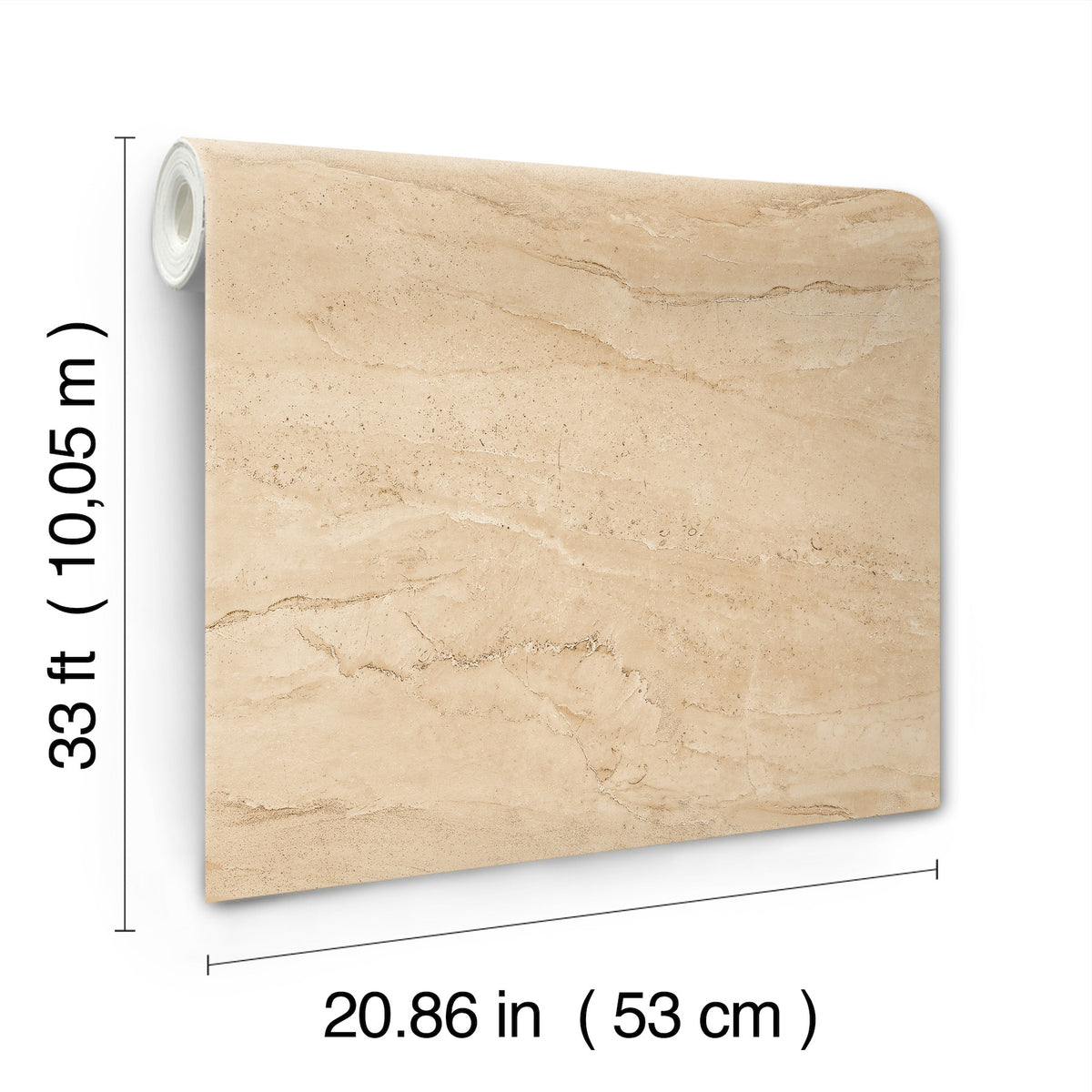 The Chesapeake Morgana Stone Wallpaper by York Wallcoverings is displayed upright, featuring a beige marble pattern. Its dimensions are labeled as 33 ft (10.05 m) in length and 20.86 in (53 cm) in width.