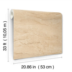 A roll of Chesapeake Morgana Stone Wallpaper by York Wallcoverings, featuring a beige marble pattern, measures 33 feet (10.05 m) in length and 20.86 inches (53 cm) in width, and is shown against a white background with measurement labels.