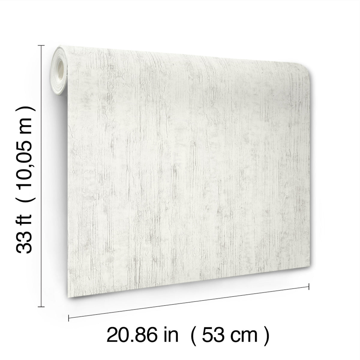 The Chesapeake Ramona Distressed Texture Wallpaper by York Wallcoverings is displayed, featuring a white textured pattern. The roll measures 33 ft (10.05 m) in length and 20.86 in (53 cm) in width.