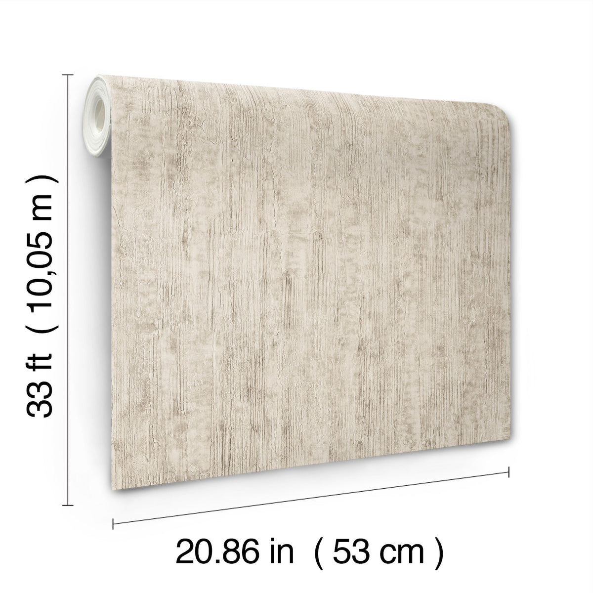 A roll of Chesapeake Ramona Distressed Texture Wallpaper by York Wallcoverings, in a beige textured finish, stands upright. Text indicates its dimensions: 33 ft (10.05 m) in height and 20.86 in (53 cm) in width.