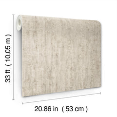 A roll of Chesapeake Ramona Distressed Texture Wallpaper by York Wallcoverings in beige is shown standing upright. Its dimensions are labeled: 33 ft (10.05 m) in length and 20.86 in (53 cm) in width.