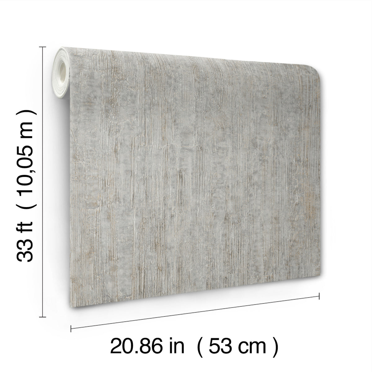 The Chesapeake Ramona Distressed Texture Wallpaper by York Wallcoverings is displayed partially unrolled, measuring 33 ft (10.05 m) in length and 20.86 in (53 cm) in width.