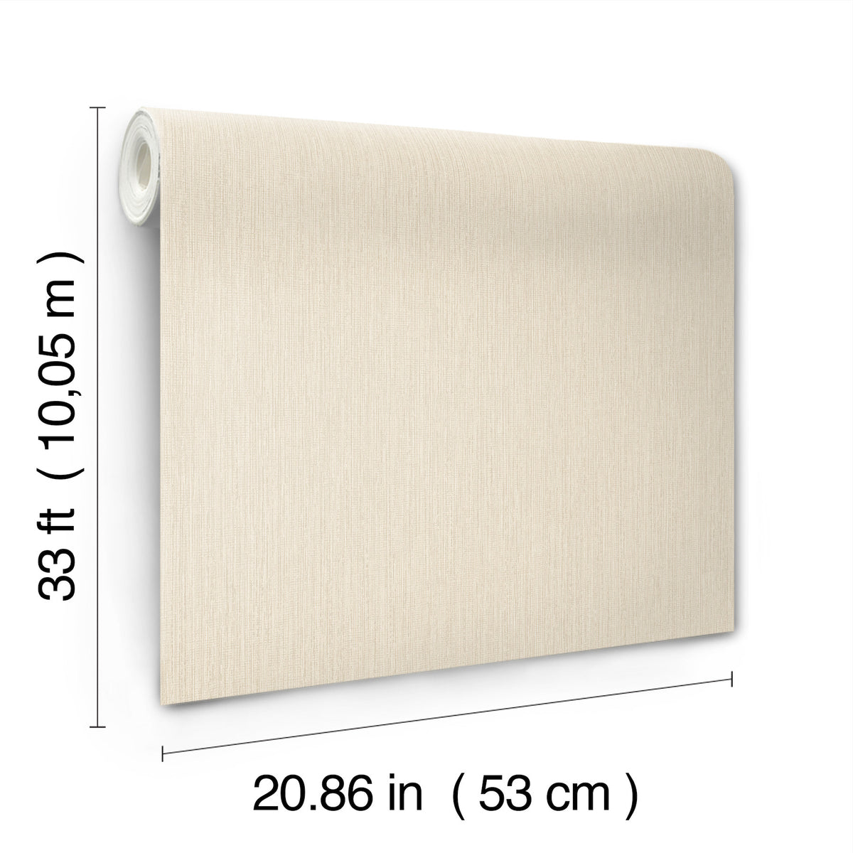 The Chesapeake Elijah Texture Wallpaper by York Wallcoverings is displayed upright. Its dimensions are labeled: 33 ft (10.05 m) in length and 20.86 in (53 cm) in width.