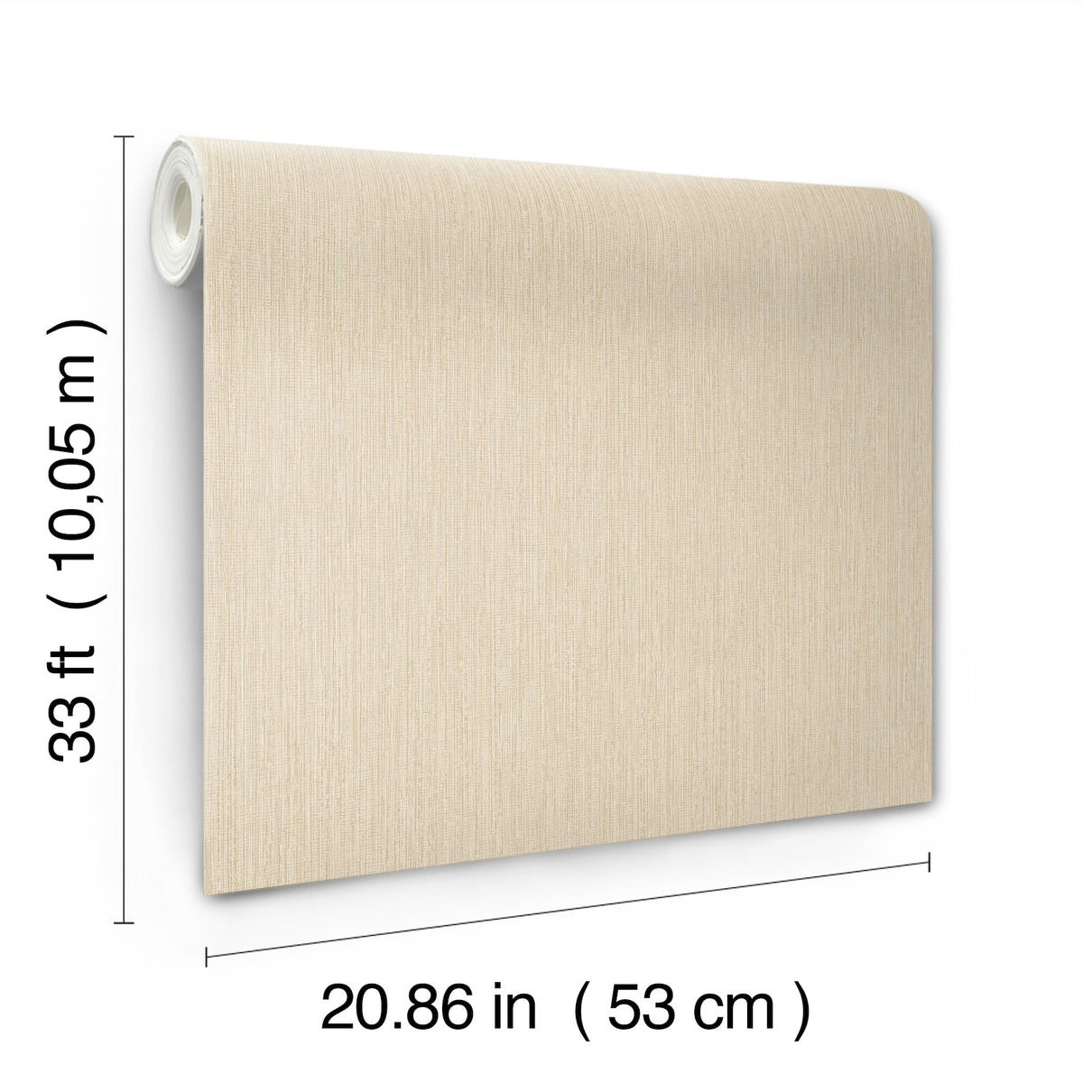A roll of Chesapeake Elijah Texture Wallpaper by York Wallcoverings is shown in beige, with dimensions labeled: 33 ft (10.05 m) in length and 20.86 in (53 cm) in width.