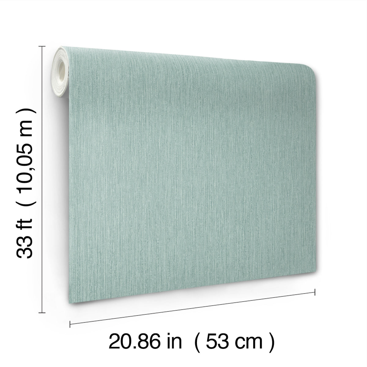 The image shows a roll of Chesapeake Elijah Texture Wallpaper by York Wallcoverings in a light blue color with a vertical texture. Each roll measures 33 ft (10.05 m) in length and 20.86 in (53 cm) in width.