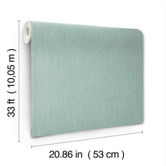 The image shows a roll of Chesapeake Elijah Texture Wallpaper by York Wallcoverings in a light blue color with a vertical texture. Each roll measures 33 ft (10.05 m) in length and 20.86 in (53 cm) in width.