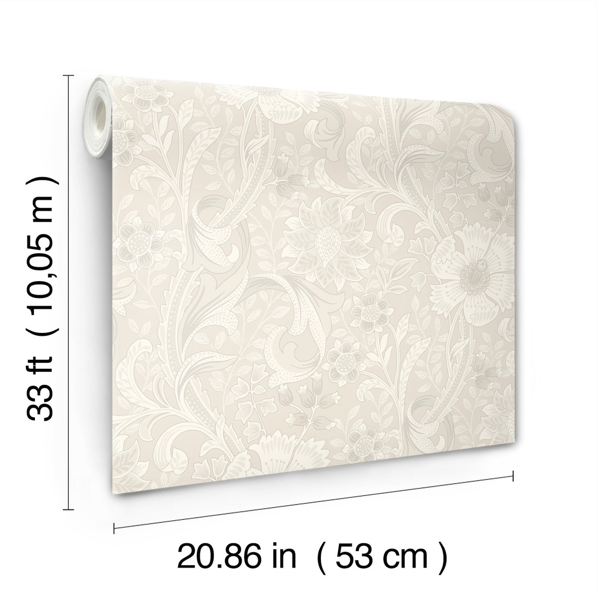 A roll of Chesapeake Liora Floral Trail Wallpaper by York Wallcoverings in beige with a floral design, measuring 33 feet (10.05 meters) long and 20.86 inches (53 cm) wide, shown alongside labeled measurements.