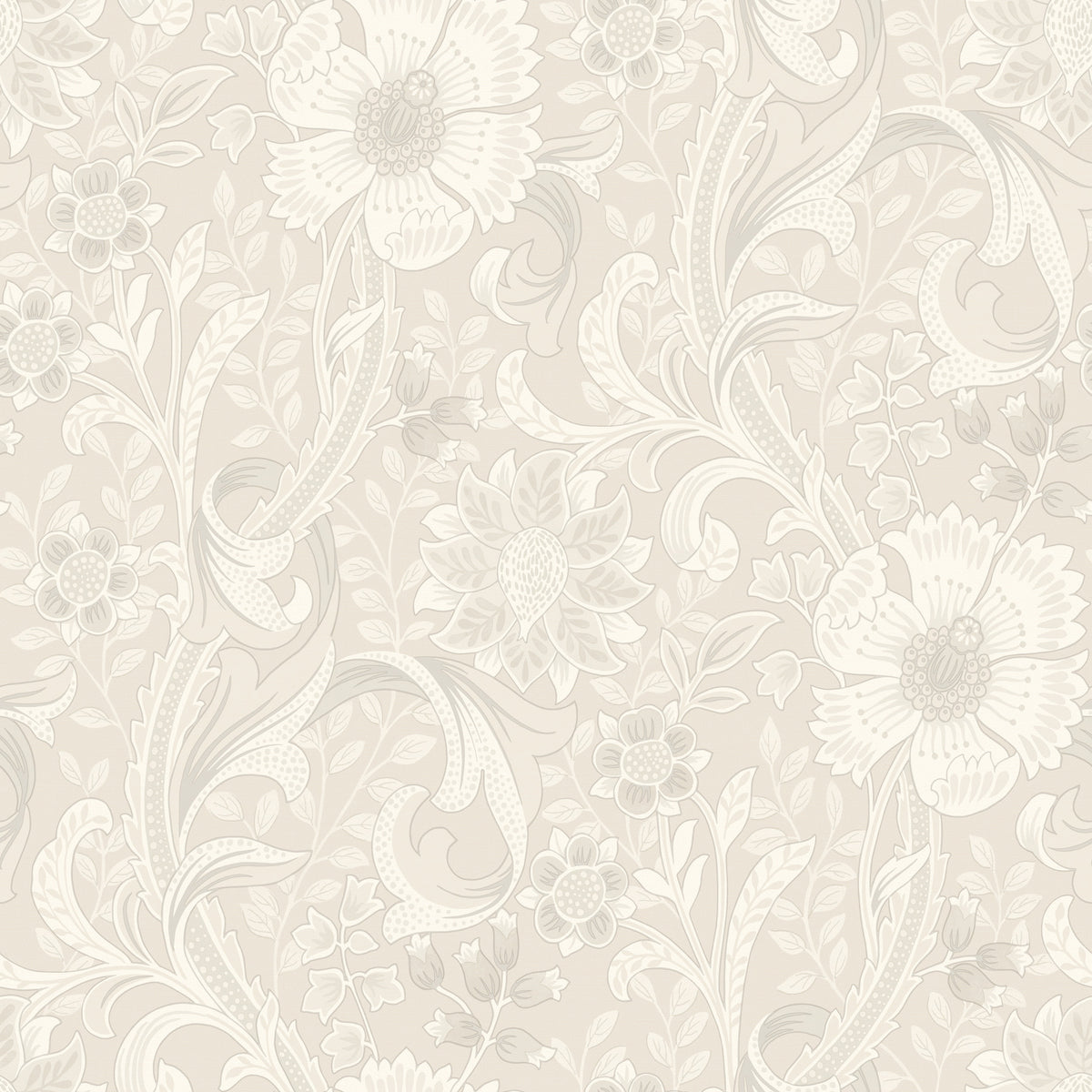 The Chesapeake Liora Floral Trail Wallpaper by York Wallcoverings features a classic, vintage-inspired pattern of large stylized flowers, leaves, and vines in elegant beige and cream tones. The intricately arranged design offers a soft, muted appearance that adds timeless charm to any space.