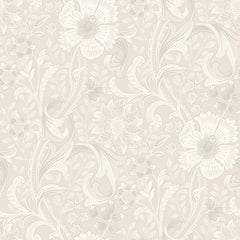 The Chesapeake Liora Floral Trail Wallpaper by York Wallcoverings features a beige and cream floral design with large, detailed flowers, leaves, and vines in a subtle, elegant vintage style.