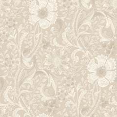 Introducing the Chesapeake Liora Floral Trail Wallpaper by York Wallcoverings—a seamless beige floral trail design featuring intricately detailed large and small flowers, leaves, and swirling vines in soft cream and taupe tones.