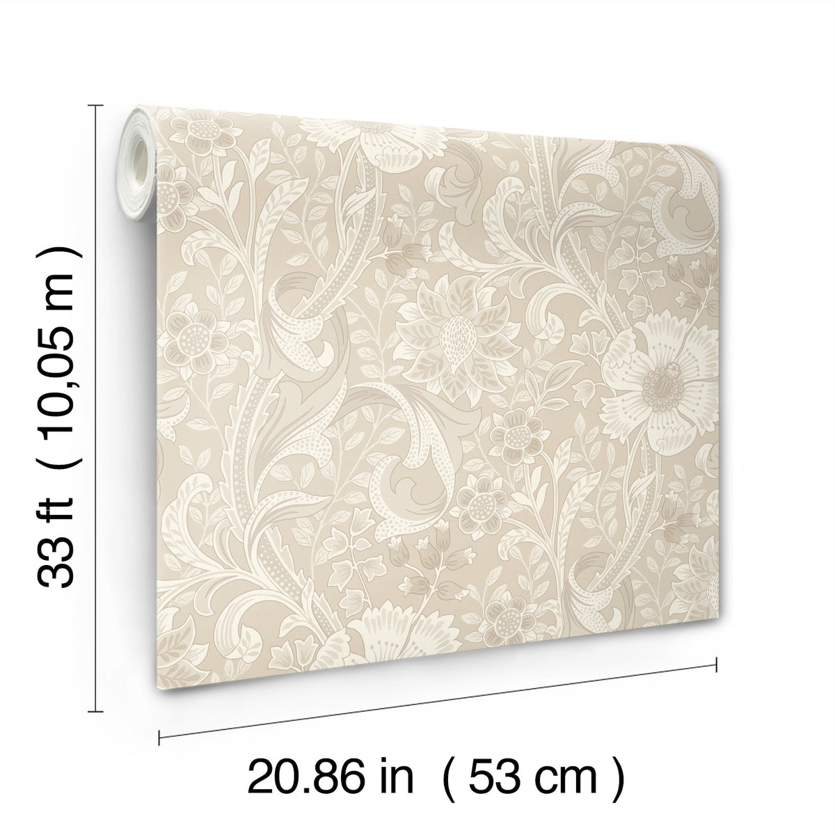 Chesapeake Liora Floral Trail Wallpaper by York Wallcoverings features a beige roll with white floral botanical patterns, measuring 33 ft (10.05 m) long and 20.86 in (53 cm) wide.