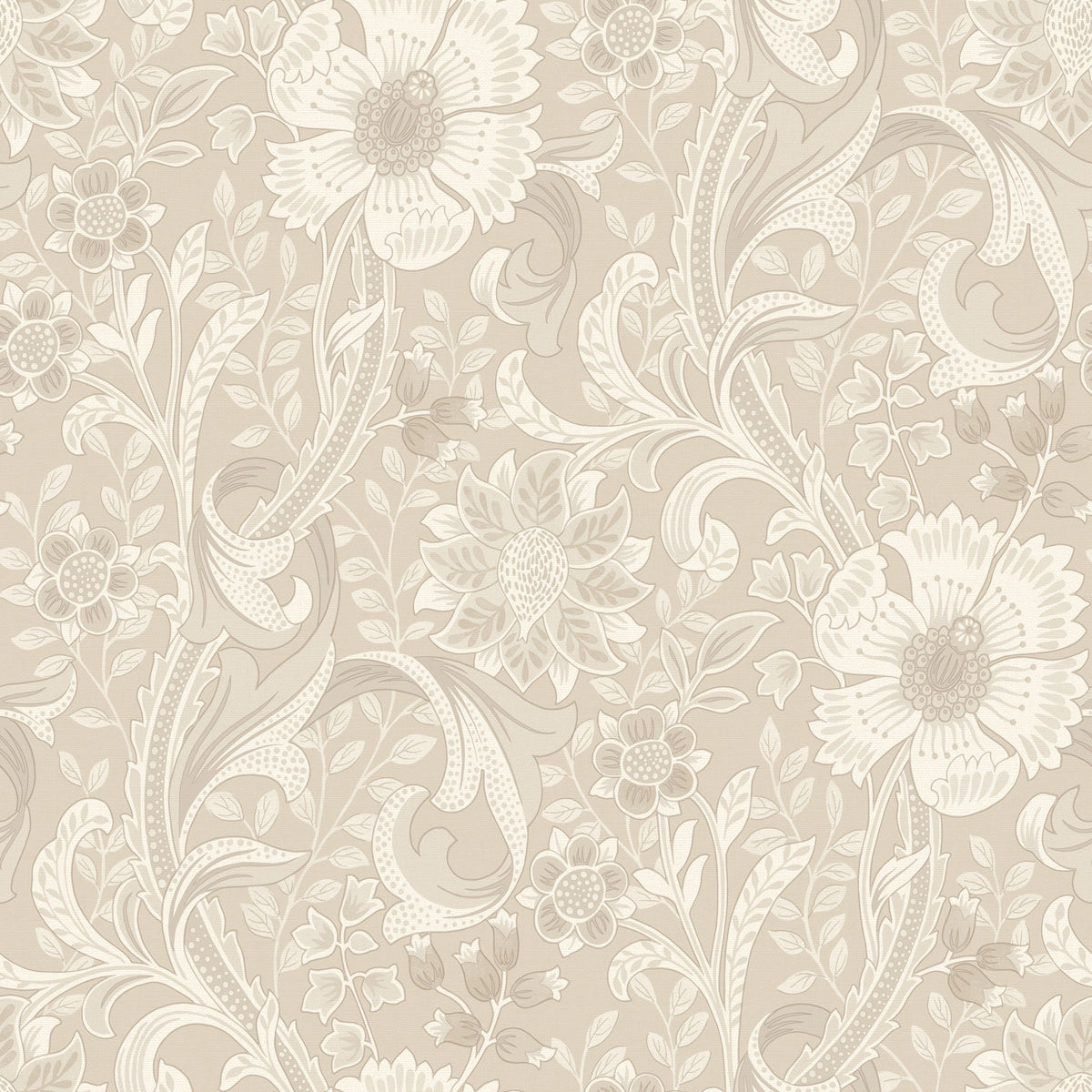 The Chesapeake Liora Floral Trail Wallpaper by York Wallcoverings features an elegant, classic design with intricate vintage floral patterns and leaves in beige and cream tones.