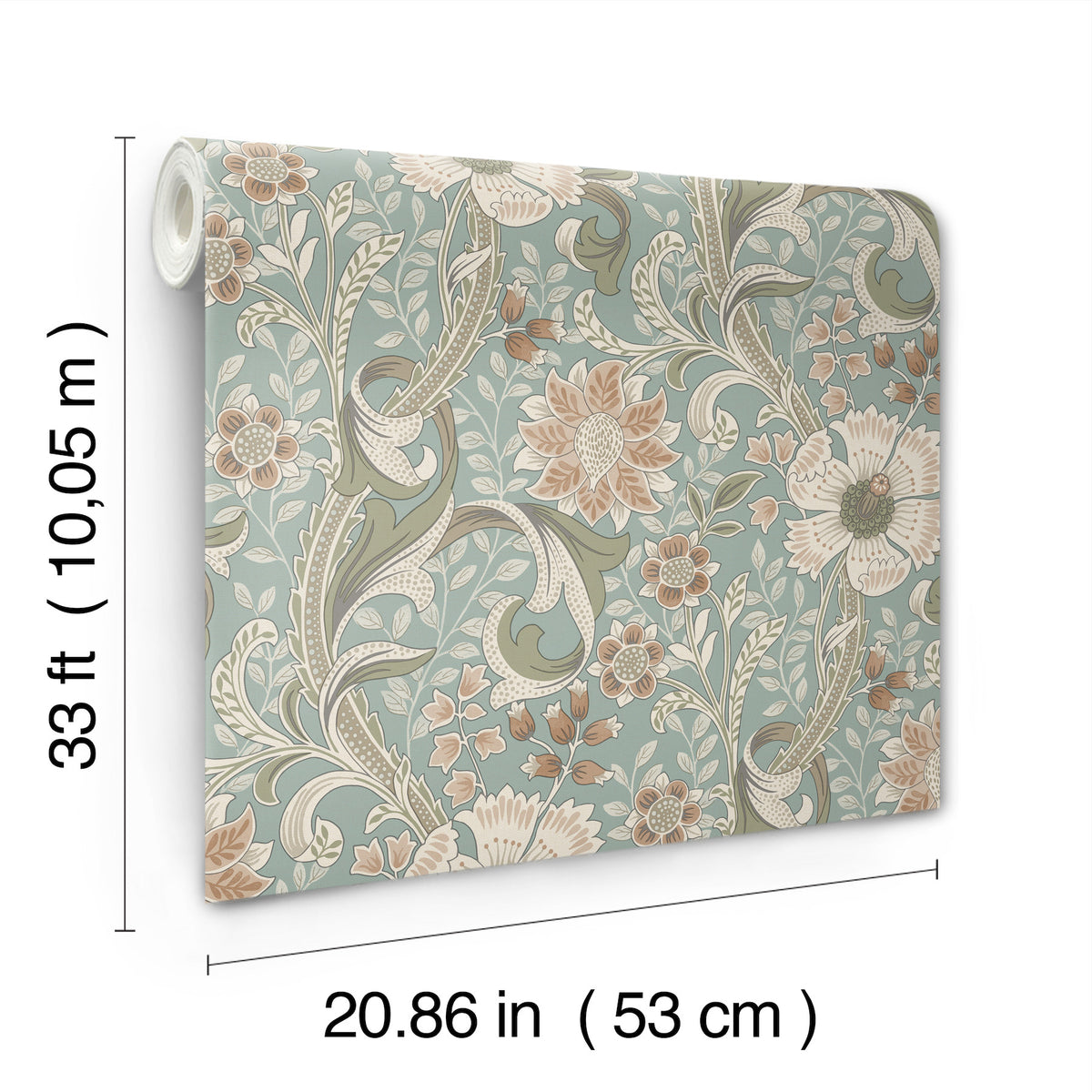 The Chesapeake Liora Floral Trail Wallpaper by York Wallcoverings features a floral pattern in green, beige, and cream. Each roll measures 33 ft (10.05 m) in length and 20.86 in (53 cm) in width.