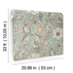 The Chesapeake Liora Floral Trail Wallpaper by York Wallcoverings features a floral pattern in green, beige, and cream. Each roll measures 33 ft (10.05 m) in length and 20.86 in (53 cm) in width.