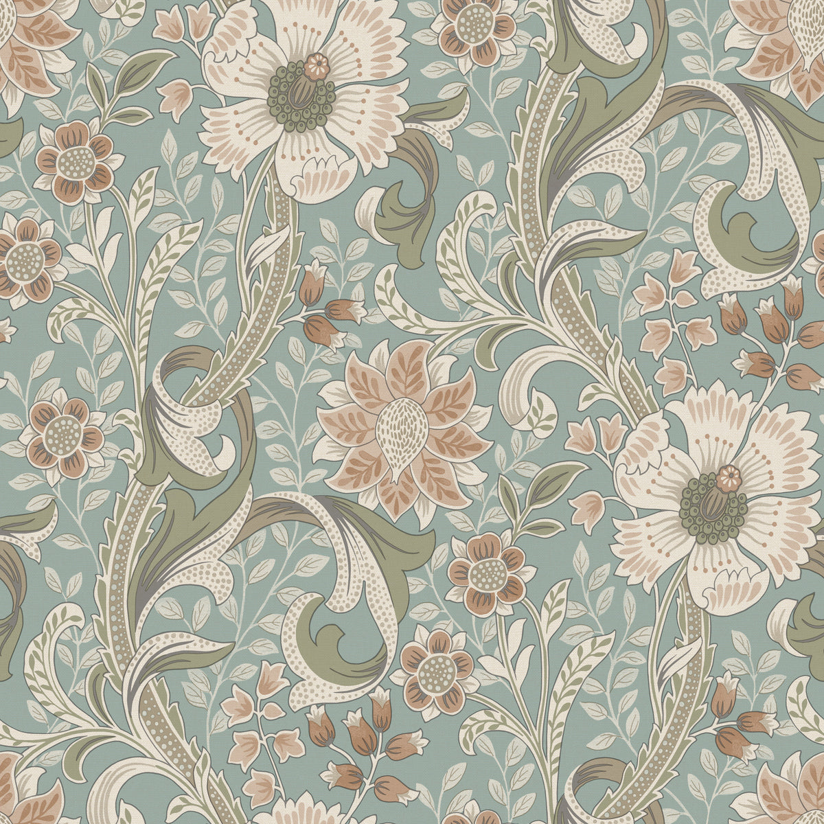 Introducing the Chesapeake Liora Floral Trail Wallpaper by York Wallcoverings—an intricate, vintage-inspired design featuring beige, brown, and cream flowers with green leaves and vines set against a muted teal background.