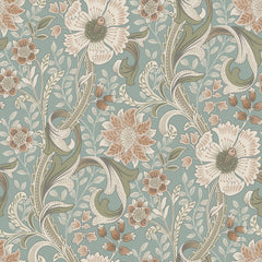 Introducing the Chesapeake Liora Floral Trail Wallpaper by York Wallcoverings—an intricate, vintage-inspired design featuring beige, brown, and cream flowers with green leaves and vines set against a muted teal background.