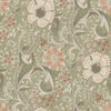 The Chesapeake Liora Floral Trail Wallpaper by York Wallcoverings features a vintage-inspired, symmetrical design with large cream and peach flowers, green leaves, and swirling vines set against a muted green background.