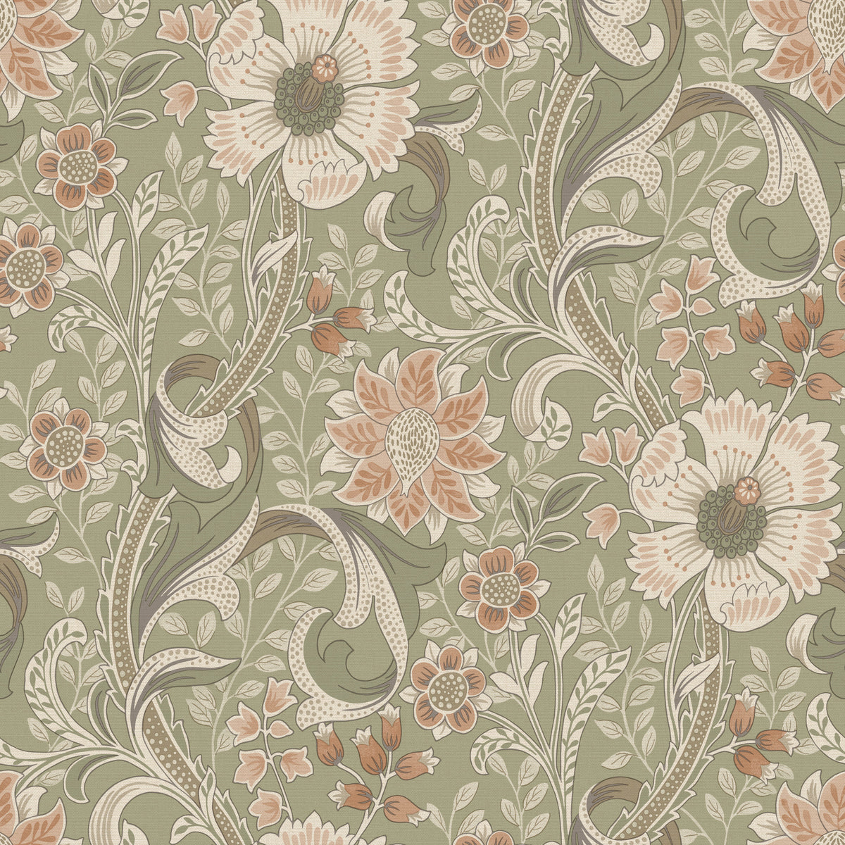 The Chesapeake Liora Floral Trail Wallpaper by York Wallcoverings features a vintage-inspired, symmetrical design with large cream and peach flowers, green leaves, and swirling vines set against a muted green background.