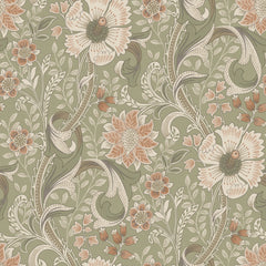 The Chesapeake Liora Floral Trail Wallpaper by York Wallcoverings features a vintage-inspired, symmetrical design with large cream and peach flowers, green leaves, and swirling vines set against a muted green background.