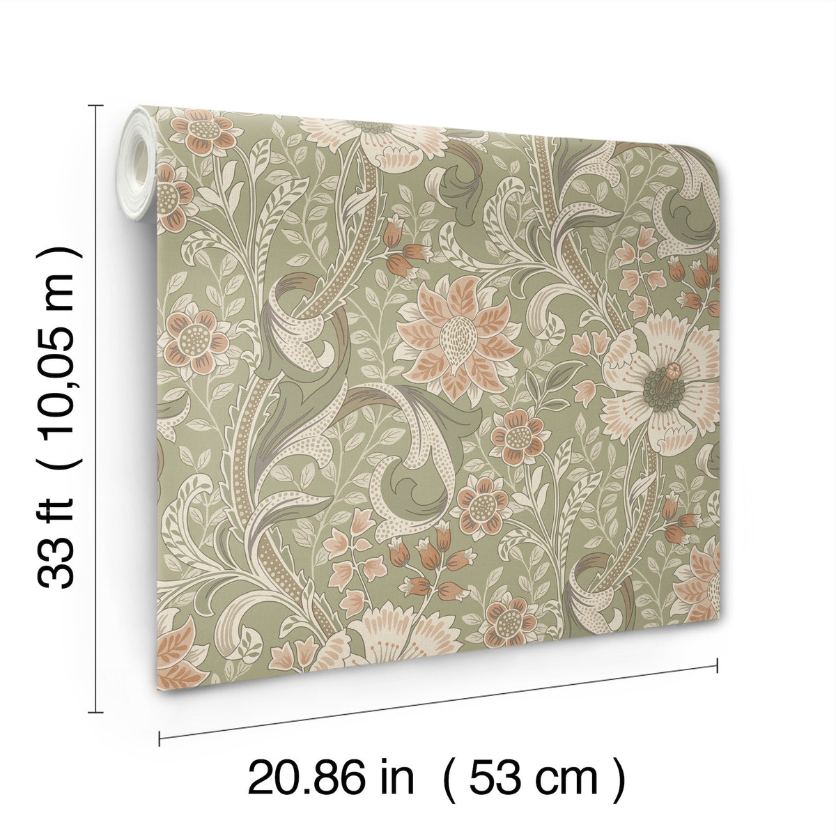 The Chesapeake Liora Floral Trail Wallpaper by York Wallcoverings features a floral pattern in muted green, orange, and cream tones. Each roll measures 33 feet (10.05 m) in length and 20.86 inches (53 cm) in width.