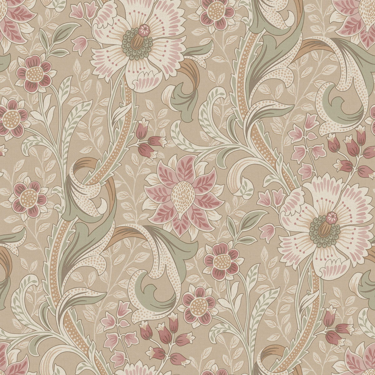 The Chesapeake Liora Floral Trail Wallpaper by York Wallcoverings features a vintage, decorative pattern with large stylized pink and beige flowers, green leaves, and swirling vines set against a light brown background.