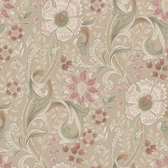 The Chesapeake Liora Floral Trail Wallpaper by York Wallcoverings features a vintage, decorative pattern with large stylized pink and beige flowers, green leaves, and swirling vines set against a light brown background.