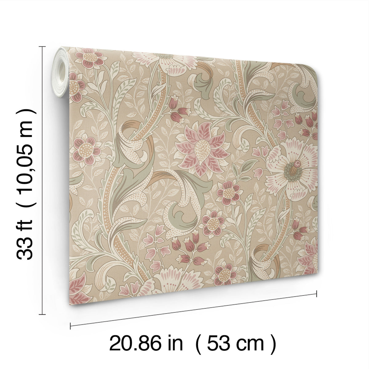 The Chesapeake Liora Floral Trail Wallpaper by York Wallcoverings features a floral pattern with pink and cream flowers and green leaves. Each roll measures 33 ft (10.05 m) in length and 20.86 in (53 cm) in width.