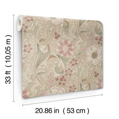 The Chesapeake Liora Floral Trail Wallpaper by York Wallcoverings features a floral pattern with pink and cream flowers and green leaves. Each roll measures 33 ft (10.05 m) in length and 20.86 in (53 cm) in width.