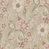 Introducing the Chesapeake Liora Floral Trail Wallpaper by York Wallcoverings—a seamless and intricate vintage floral pattern featuring oversized pink and cream flowers, lush green leaves, and graceful swirling vines set against a sophisticated beige background. This elegant design evokes the timeless charm of classic Victorian wallpaper style.