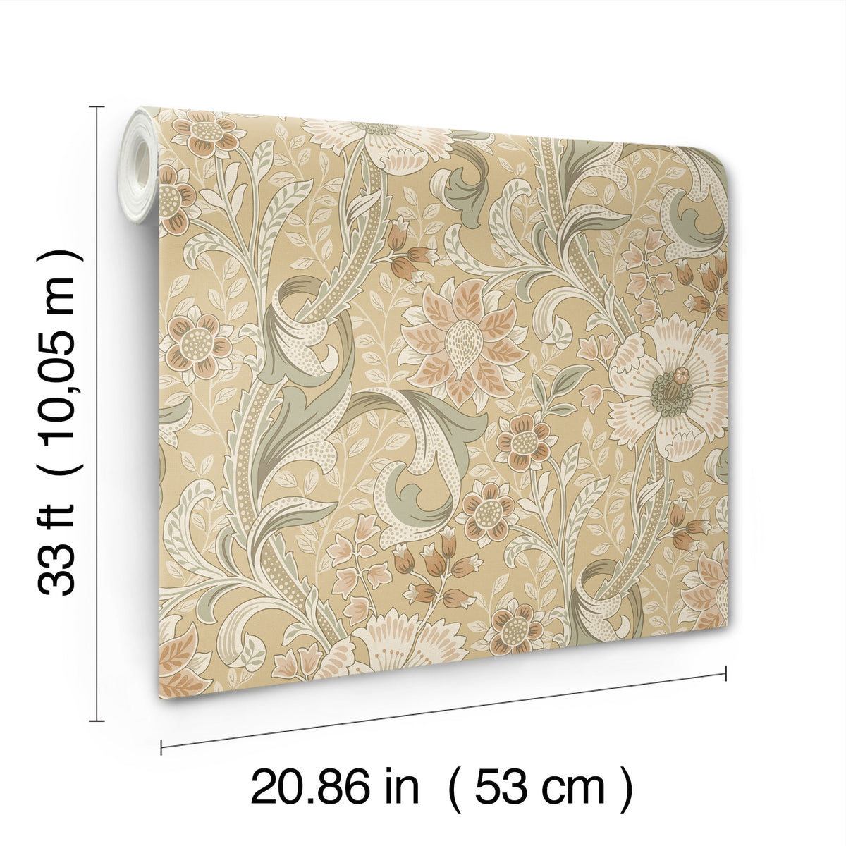 The Chesapeake Liora Floral Trail Wallpaper by York Wallcoverings features a beige background with green and white leaves and flowers. Each roll measures 33 ft (10.05 m) in length and 20.86 in (53 cm) in width.