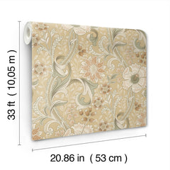 The Chesapeake Liora Floral Trail Wallpaper by York Wallcoverings features a beige background with green and white leaves and flowers. Each roll measures 33 ft (10.05 m) in length and 20.86 in (53 cm) in width.