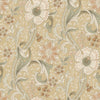 The Chesapeake Liora Floral Trail Wallpaper by York Wallcoverings features an ornate, seamless vintage floral pattern with large cream and peach flowers, green leaves, and intricate vines set against a muted beige background, evoking the timeless charm of classic antique wallpaper.
