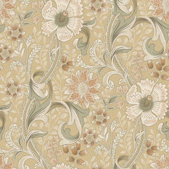 The Chesapeake Liora Floral Trail Wallpaper by York Wallcoverings features an ornate, seamless vintage floral pattern with large cream and peach flowers, green leaves, and intricate vines set against a muted beige background, evoking the timeless charm of classic antique wallpaper.