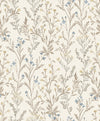 Chesapeake Laverne Wildflowers Wallpaper by York Wallcoverings features a seamless pattern of delicate, hand-drawn wildflowers and leaves in soft beige, brown, blue, and yellow tones on a light cream background.